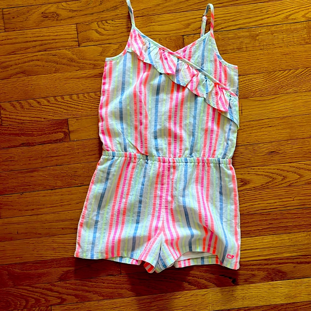 Girls 1 piece romper pink, blue, yellow striped